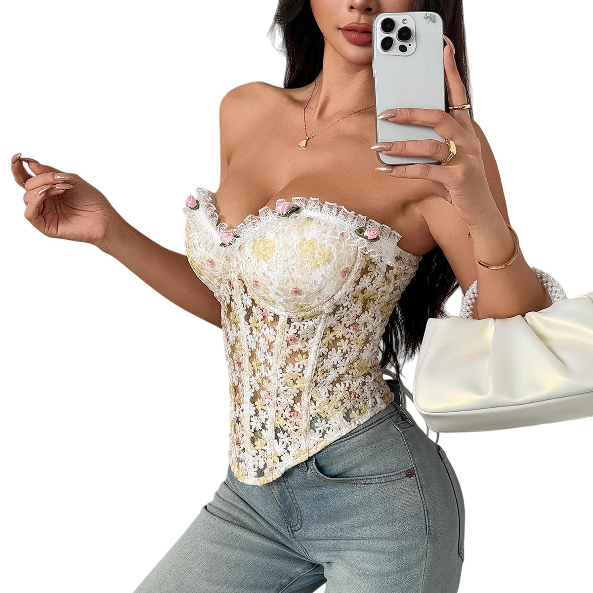 Vintage Floral Lace Corset Top Strapless Embroidery Corset Women Slim Tank Top